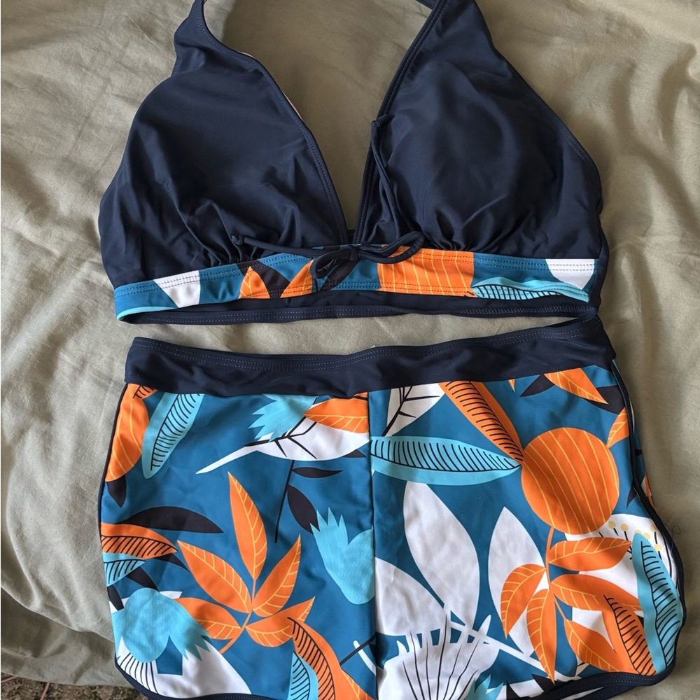 Tropical Print Bikini Set Halter Top + Shorts